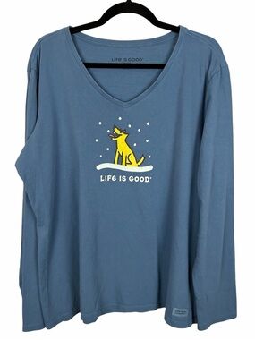 Life Is Good Crusher Vee Blue Snow Dog Graphic Long Sleeve Tee XL